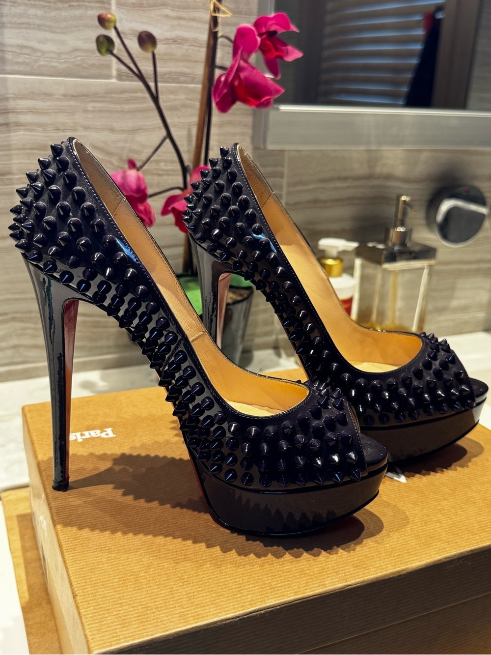 Christian Louboutin Black Patent Spike Platform Pumps with Red Soles